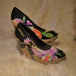 Woman's Black Ed Hardy Peep Toe Wedges